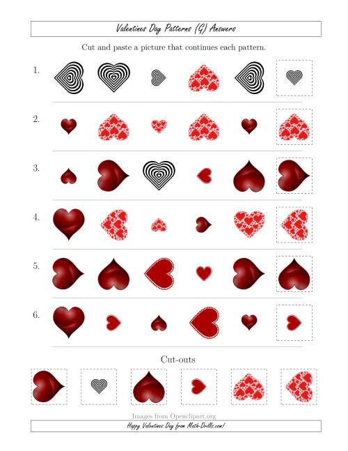 The Valentines Day Picture Patterns with Shape, Size and Rotation Attributes (G) Math Worksheet Page 2