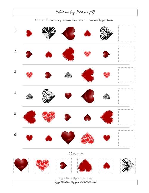 The Valentines Day Picture Patterns with Shape, Size and Rotation Attributes (H) Math Worksheet