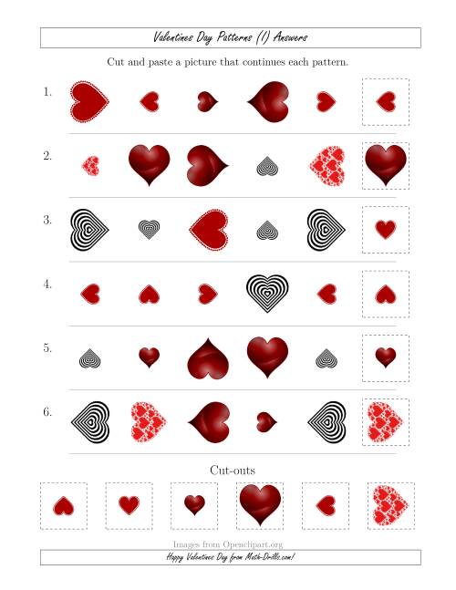 The Valentines Day Picture Patterns with Shape, Size and Rotation Attributes (I) Math Worksheet Page 2