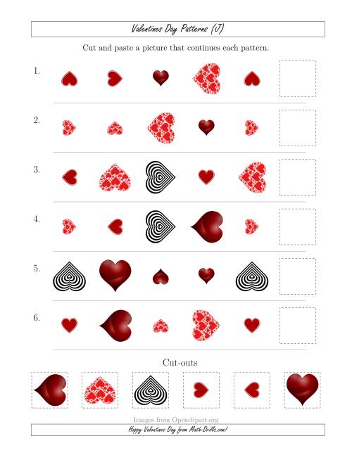 The Valentines Day Picture Patterns with Shape, Size and Rotation Attributes (J) Math Worksheet