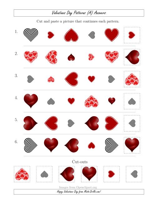 The Valentines Day Picture Patterns with Shape, Size and Rotation Attributes (All) Math Worksheet Page 2