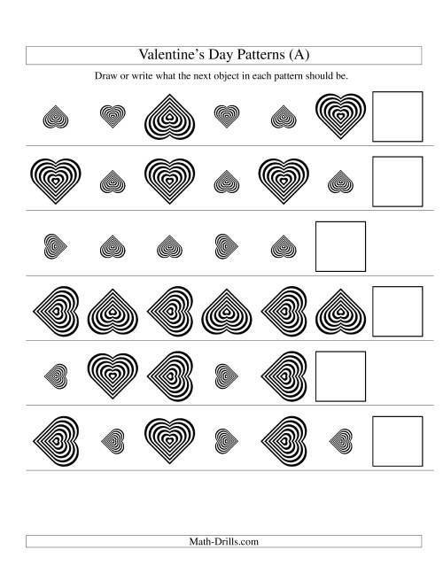 The Two-Attribute Patterns (Size and Rotation) Featuring Black and White Hearts (A) Math Worksheet