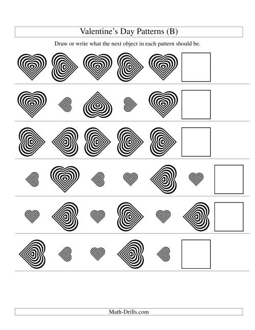 The Two-Attribute Patterns (Size and Rotation) Featuring Black and White Hearts (B) Math Worksheet