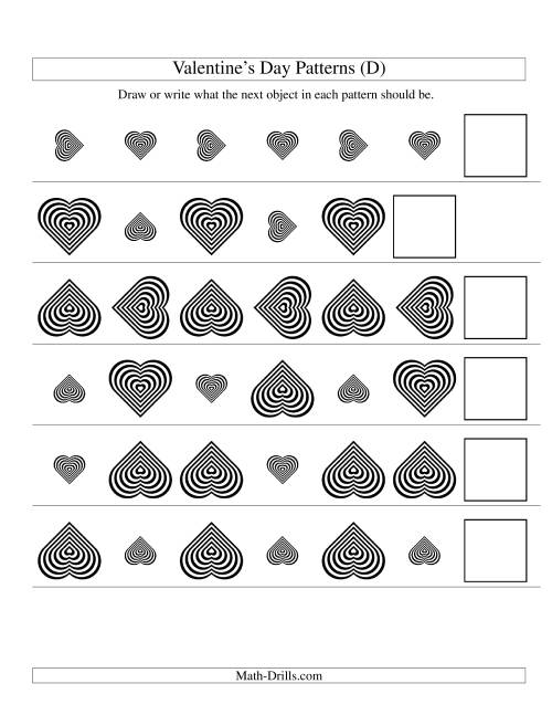 The Two-Attribute Patterns (Size and Rotation) Featuring Black and White Hearts (D) Math Worksheet