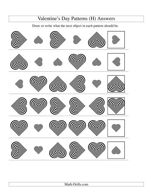 The Two-Attribute Patterns (Size and Rotation) Featuring Black and White Hearts (H) Math Worksheet Page 2