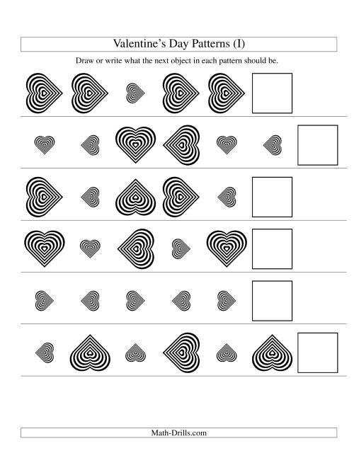 The Two-Attribute Patterns (Size and Rotation) Featuring Black and White Hearts (I) Math Worksheet