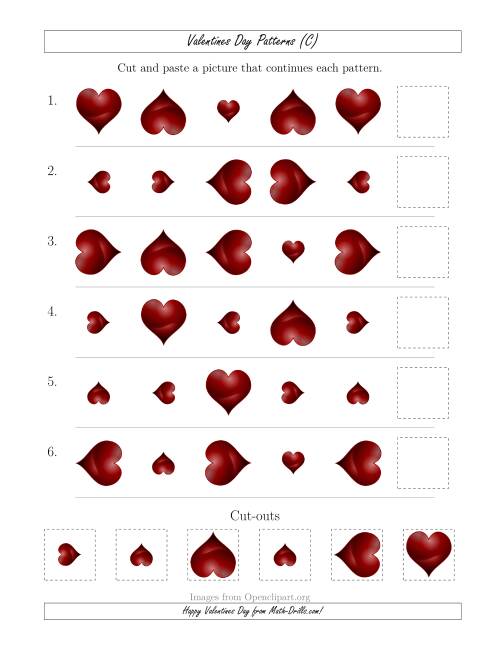 The Valentines Day Picture Patterns with Size and Rotation Attributes (C) Math Worksheet