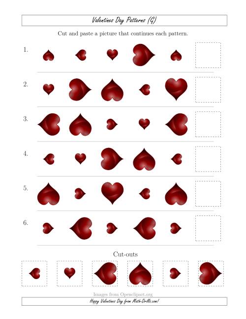 The Valentines Day Picture Patterns with Size and Rotation Attributes (G) Math Worksheet