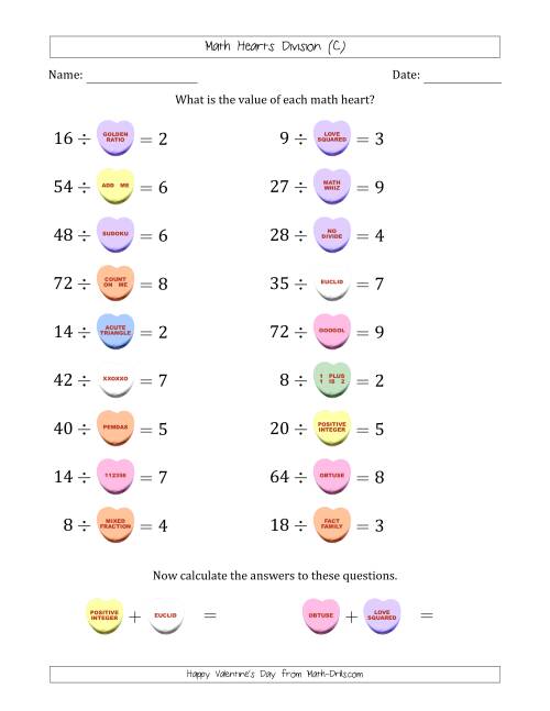 The Math Hearts Division with Quotients from 2 to 9 and Missing Divisors from 2 to 9 (C) Math Worksheet