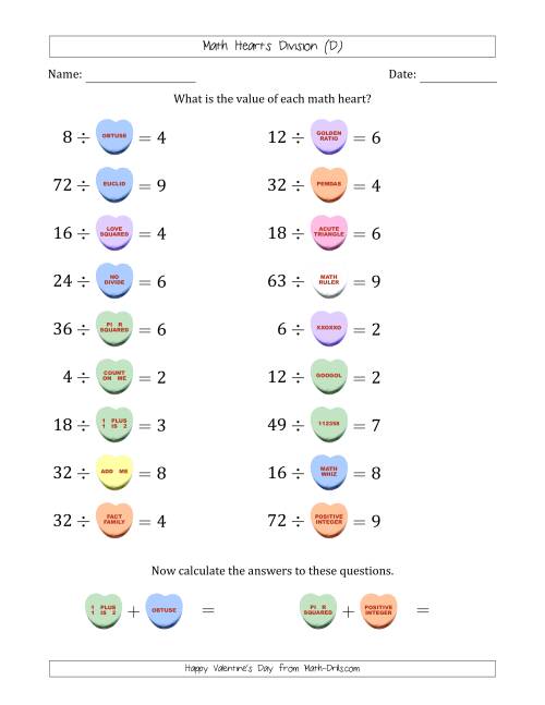 The Math Hearts Division with Quotients from 2 to 9 and Missing Divisors from 2 to 9 (D) Math Worksheet
