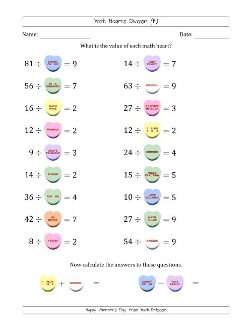 The Math Hearts Division with Quotients from 2 to 9 and Missing Divisors from 2 to 9 (E) Math Worksheet