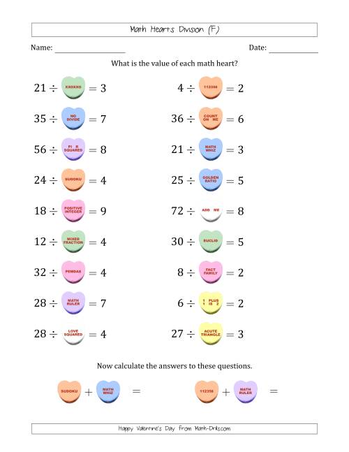 The Math Hearts Division with Quotients from 2 to 9 and Missing Divisors from 2 to 9 (F) Math Worksheet
