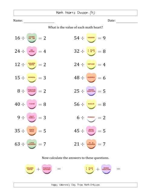 The Math Hearts Division with Quotients from 2 to 9 and Missing Divisors from 2 to 9 (H) Math Worksheet