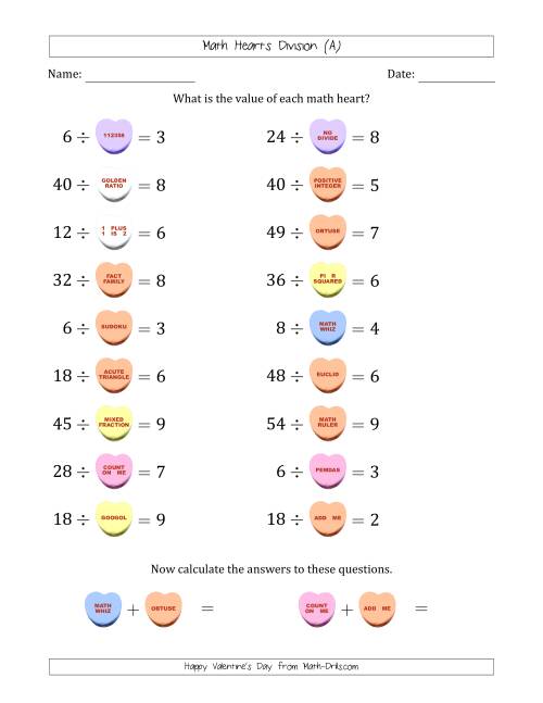 The Math Hearts Division with Quotients from 2 to 9 and Missing Divisors from 2 to 9 (All) Math Worksheet