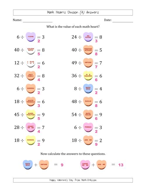The Math Hearts Division with Quotients from 2 to 9 and Missing Divisors from 2 to 9 (All) Math Worksheet Page 2