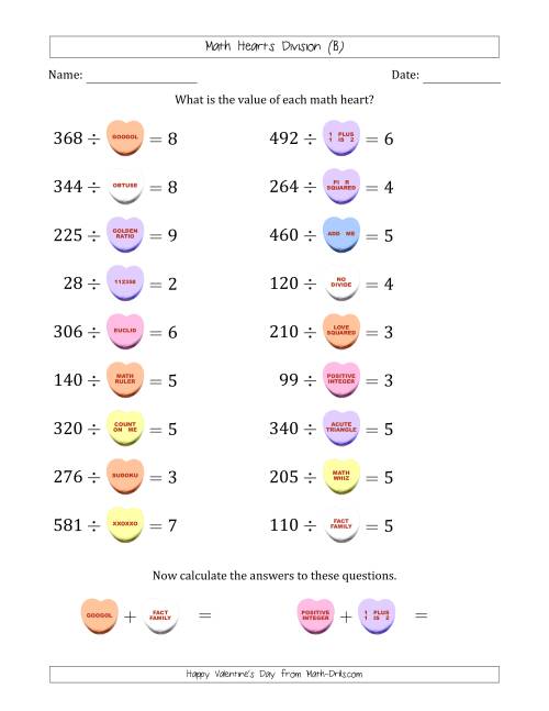 The Math Hearts Division with Quotients from 2 to 9 and Missing Divisors from 10 to 99 (B) Math Worksheet