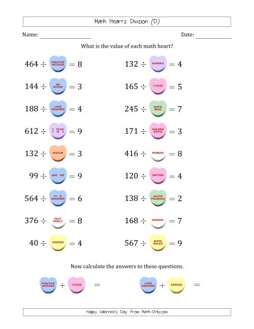 The Math Hearts Division with Quotients from 2 to 9 and Missing Divisors from 10 to 99 (D) Math Worksheet