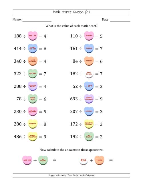 The Math Hearts Division with Quotients from 2 to 9 and Missing Divisors from 10 to 99 (H) Math Worksheet
