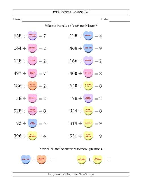 The Math Hearts Division with Quotients from 2 to 9 and Missing Divisors from 10 to 99 (All) Math Worksheet