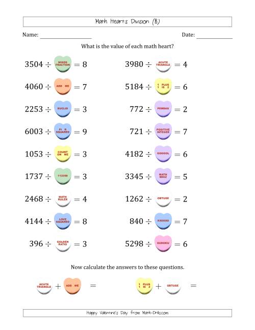 The Math Hearts Division with Quotients from 2 to 9 and Missing Divisors from 100 to 999 (B) Math Worksheet