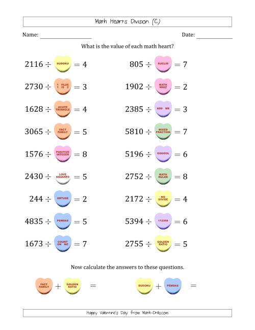 The Math Hearts Division with Quotients from 2 to 9 and Missing Divisors from 100 to 999 (C) Math Worksheet