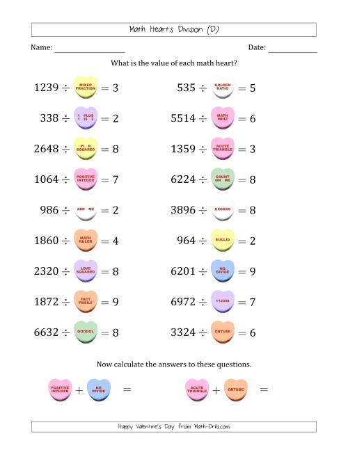 The Math Hearts Division with Quotients from 2 to 9 and Missing Divisors from 100 to 999 (D) Math Worksheet