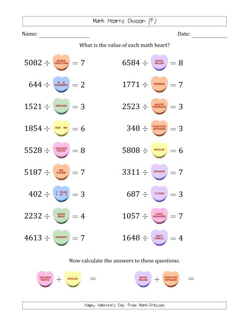 The Math Hearts Division with Quotients from 2 to 9 and Missing Divisors from 100 to 999 (F) Math Worksheet