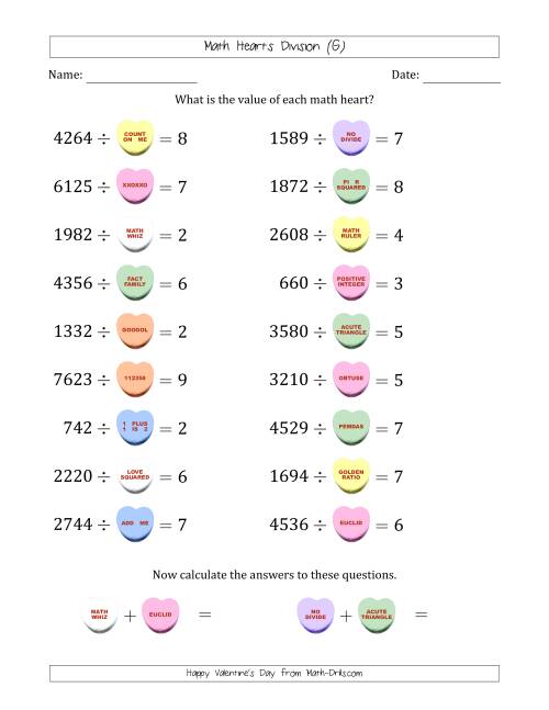 The Math Hearts Division with Quotients from 2 to 9 and Missing Divisors from 100 to 999 (G) Math Worksheet