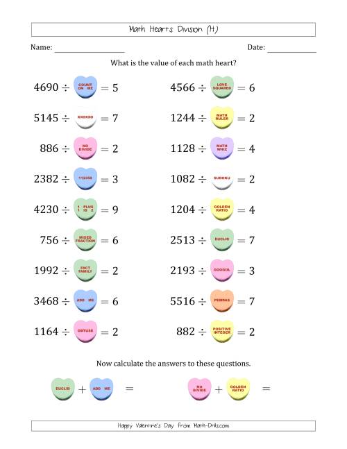 The Math Hearts Division with Quotients from 2 to 9 and Missing Divisors from 100 to 999 (H) Math Worksheet