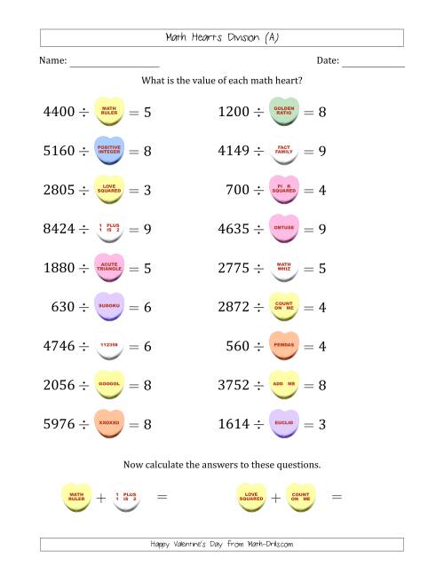 The Math Hearts Division with Quotients from 2 to 9 and Missing Divisors from 100 to 999 (All) Math Worksheet