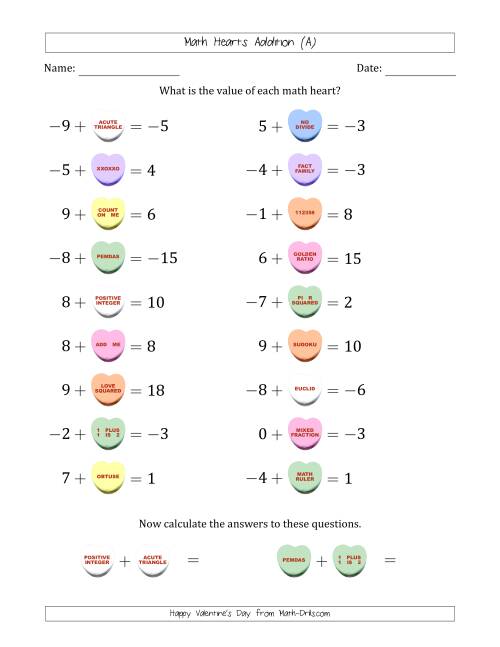 The Math Hearts Addition with Addends from -9 to 9 and Missing Addends from -9 to 9 (A) Math Worksheet