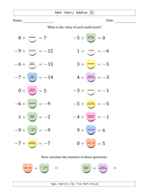 The Math Hearts Addition with Addends from -9 to 9 and Missing Addends from -9 to 9 (B) Math Worksheet