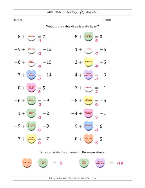 The Math Hearts Addition with Addends from -9 to 9 and Missing Addends from -9 to 9 (B) Math Worksheet Page 2