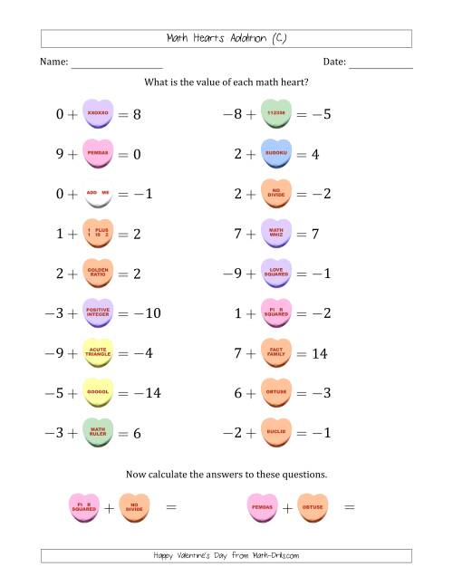 The Math Hearts Addition with Addends from -9 to 9 and Missing Addends from -9 to 9 (C) Math Worksheet