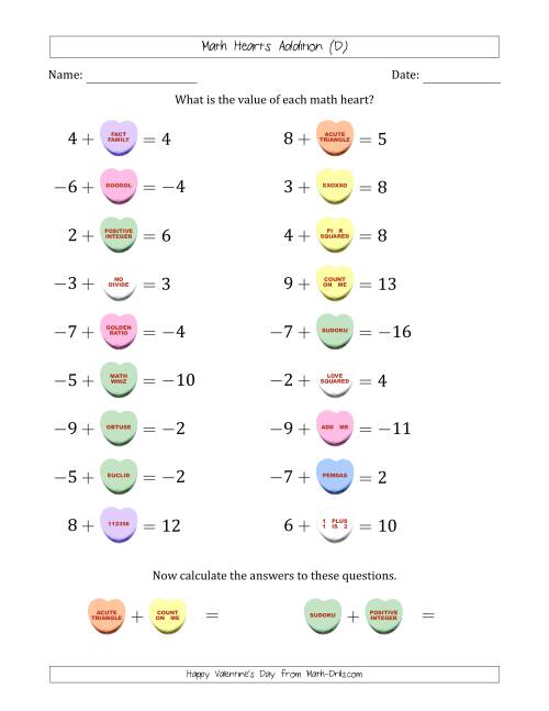 The Math Hearts Addition with Addends from -9 to 9 and Missing Addends from -9 to 9 (D) Math Worksheet