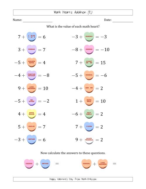 The Math Hearts Addition with Addends from -9 to 9 and Missing Addends from -9 to 9 (E) Math Worksheet