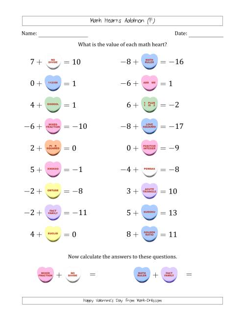 The Math Hearts Addition with Addends from -9 to 9 and Missing Addends from -9 to 9 (F) Math Worksheet