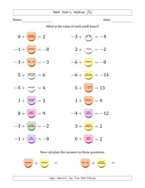 The Math Hearts Addition with Addends from -9 to 9 and Missing Addends from -9 to 9 (G) Math Worksheet
