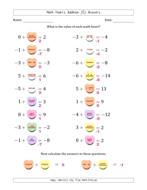 The Math Hearts Addition with Addends from -9 to 9 and Missing Addends from -9 to 9 (G) Math Worksheet Page 2
