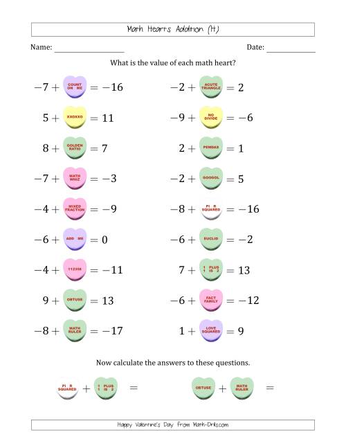 The Math Hearts Addition with Addends from -9 to 9 and Missing Addends from -9 to 9 (H) Math Worksheet