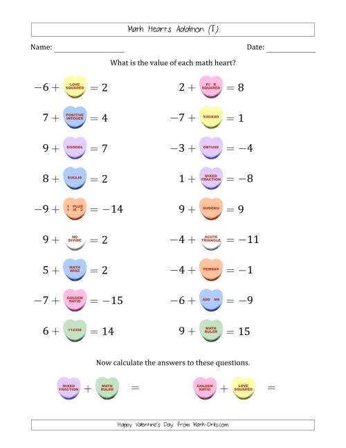 The Math Hearts Addition with Addends from -9 to 9 and Missing Addends from -9 to 9 (I) Math Worksheet