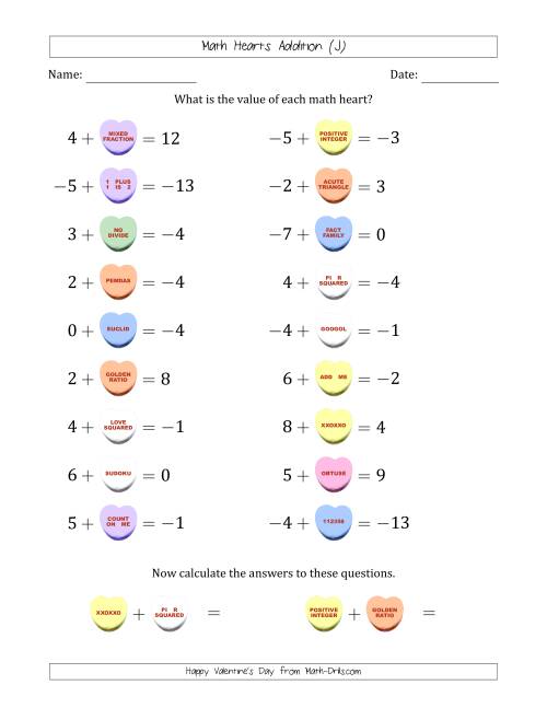 The Math Hearts Addition with Addends from -9 to 9 and Missing Addends from -9 to 9 (J) Math Worksheet