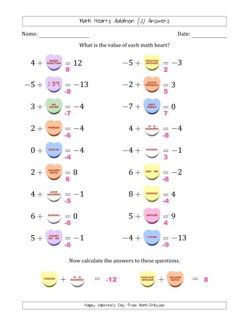 The Math Hearts Addition with Addends from -9 to 9 and Missing Addends from -9 to 9 (J) Math Worksheet Page 2