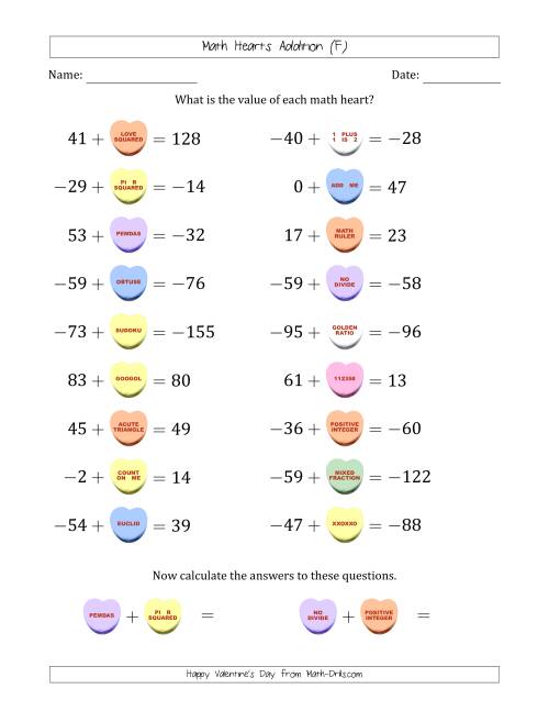 The Math Hearts Addition with Addends from -99 to 99 and Missing Addends from -99 to 99 (F) Math Worksheet