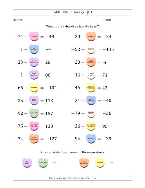 The Math Hearts Addition with Addends from -99 to 99 and Missing Addends from -99 to 99 (H) Math Worksheet