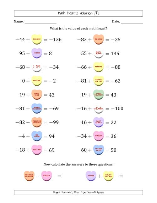 The Math Hearts Addition with Addends from -99 to 99 and Missing Addends from -99 to 99 (I) Math Worksheet