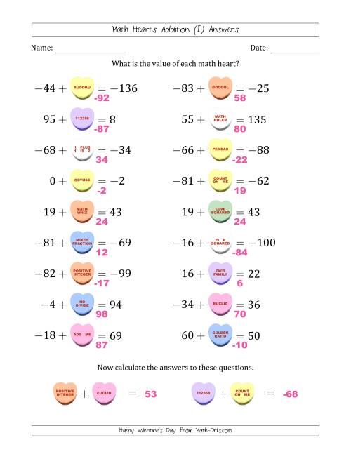 The Math Hearts Addition with Addends from -99 to 99 and Missing Addends from -99 to 99 (I) Math Worksheet Page 2