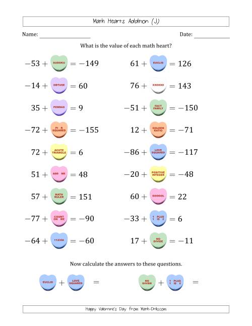 The Math Hearts Addition with Addends from -99 to 99 and Missing Addends from -99 to 99 (J) Math Worksheet