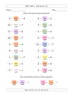 Math Hearts Subtraction with Differences from -9 to 9 and Missing Subtrahends from -9 to 9