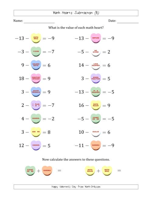 The Math Hearts Subtraction with Differences from -9 to 9 and Missing Subtrahends from -9 to 9 (B) Math Worksheet